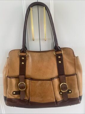 BUGATTI Large Two-Tone Tan/Brown all Leather laptop Tote Bag with lots of space
